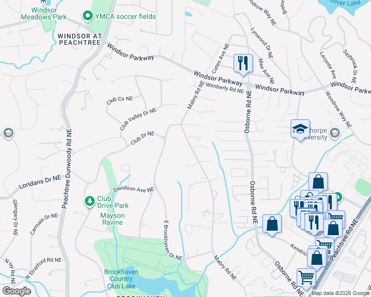 map of restaurants, bars, coffee shops, grocery stores, and more near 3000 Mabry Road Northeast in Atlanta