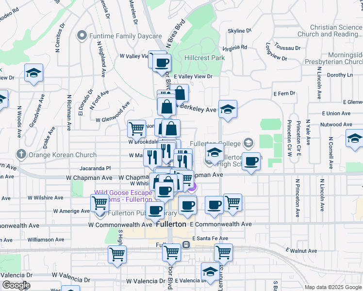 map of restaurants, bars, coffee shops, grocery stores, and more near 122 East Brookdale Place in Fullerton