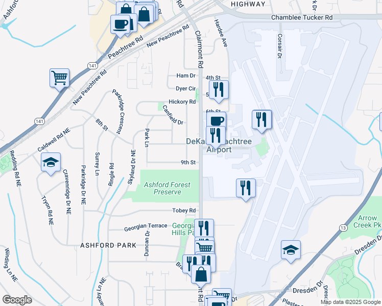 map of restaurants, bars, coffee shops, grocery stores, and more near 2999 Jefferson Street in Chamblee