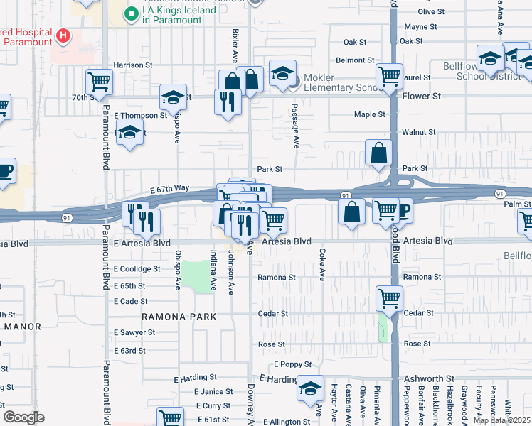 map of restaurants, bars, coffee shops, grocery stores, and more near 17220 Downey Avenue in Bellflower