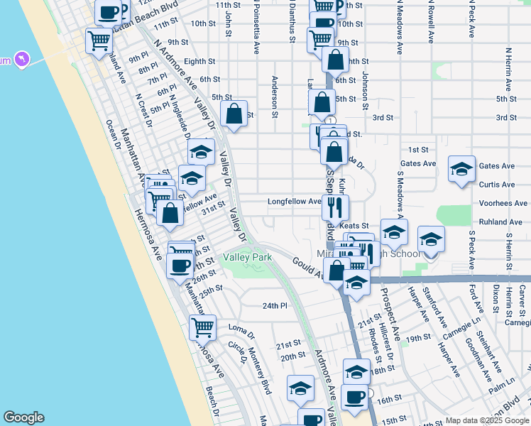map of restaurants, bars, coffee shops, grocery stores, and more near 637 30th Street in Hermosa Beach