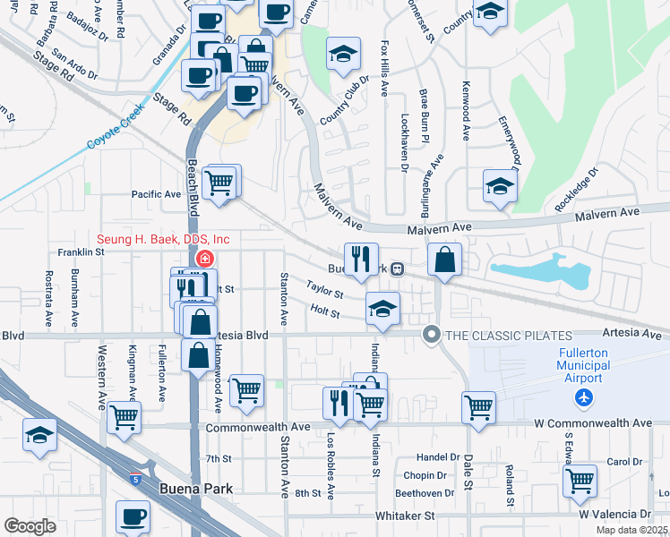 map of restaurants, bars, coffee shops, grocery stores, and more near 8111 Franklin Street in Buena Park
