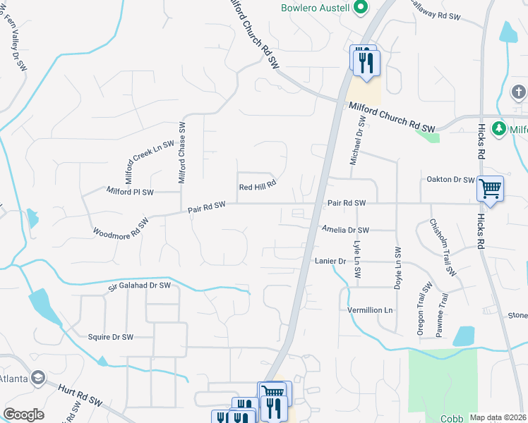 map of restaurants, bars, coffee shops, grocery stores, and more near 1335 Pair Road Southwest in Marietta