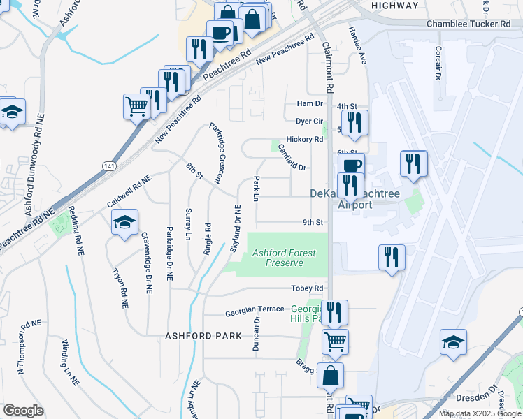 map of restaurants, bars, coffee shops, grocery stores, and more near 4013 Park Lane in Atlanta