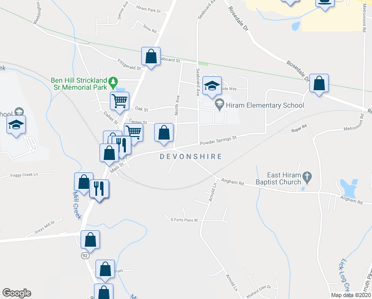 map of restaurants, bars, coffee shops, grocery stores, and more near 38 Powder Springs Street in Hiram