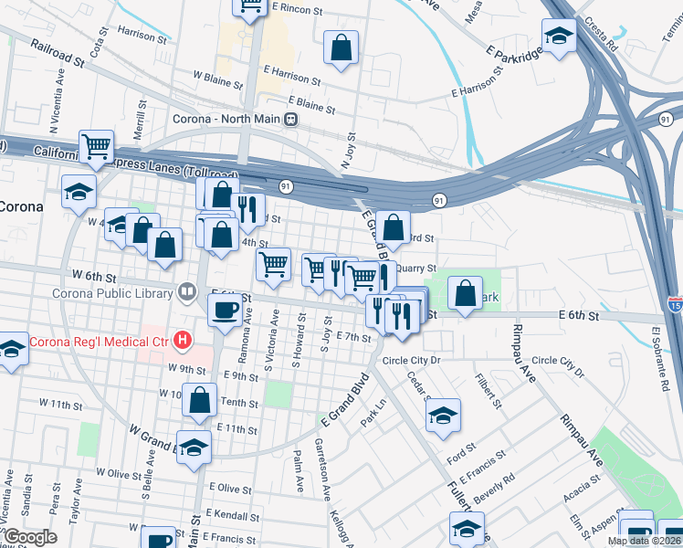 map of restaurants, bars, coffee shops, grocery stores, and more near 507 East 5th Street in Corona