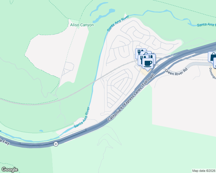 map of restaurants, bars, coffee shops, grocery stores, and more near 4901 Green River Road in Corona