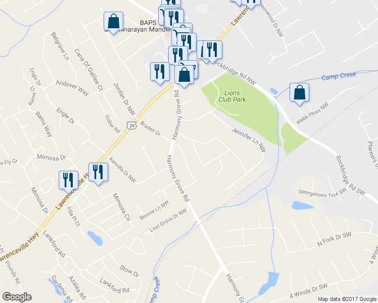 map of restaurants, bars, coffee shops, grocery stores, and more near 5676 Bob White Circle Northwest in Lilburn