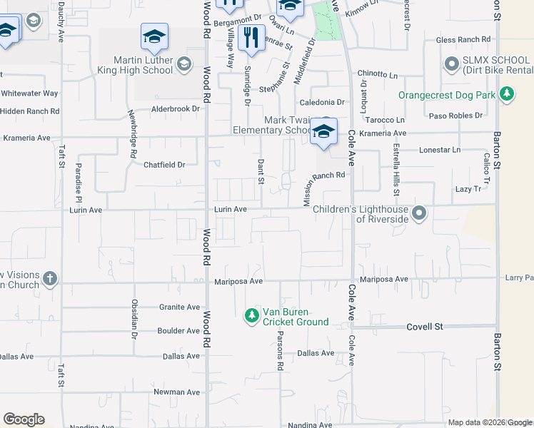 map of restaurants, bars, coffee shops, grocery stores, and more near 19208 Lurin Avenue in Riverside