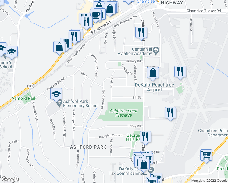 map of restaurants, bars, coffee shops, grocery stores, and more near 2999 Park Lane in Chamblee