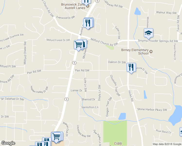 map of restaurants, bars, coffee shops, grocery stores, and more near 1113 Pair Road Southwest in Marietta