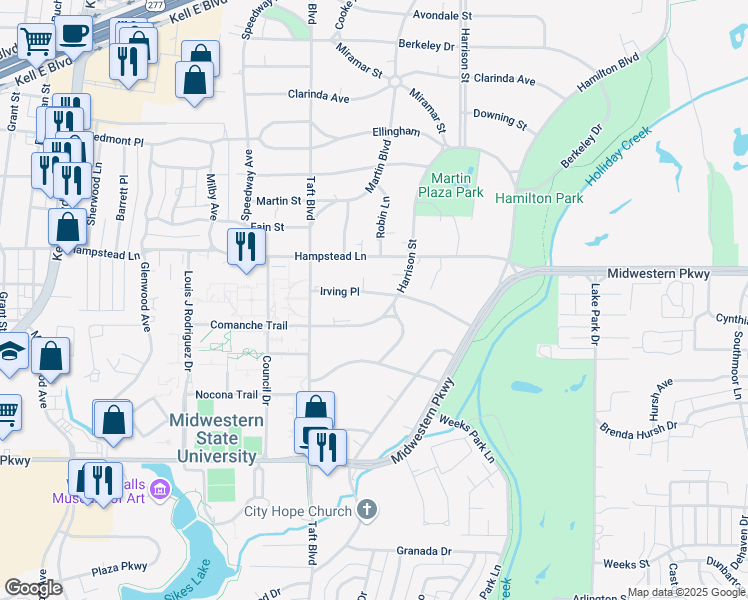 map of restaurants, bars, coffee shops, grocery stores, and more near 2303 Irving Place in Wichita Falls