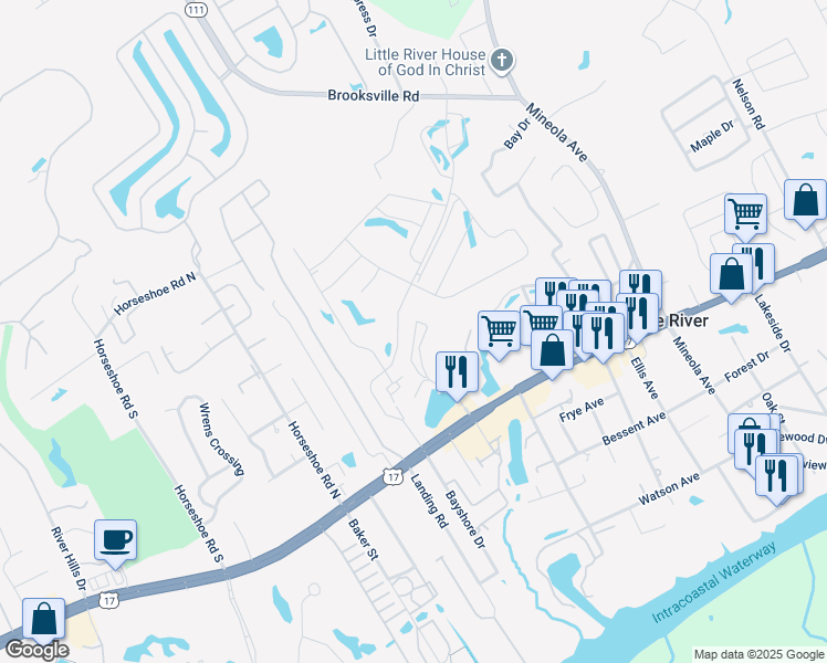map of restaurants, bars, coffee shops, grocery stores, and more near Q-4 Pinehurst Circle in Little River