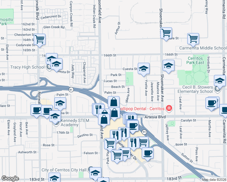 map of restaurants, bars, coffee shops, grocery stores, and more near 12687 Palm Street in Cerritos