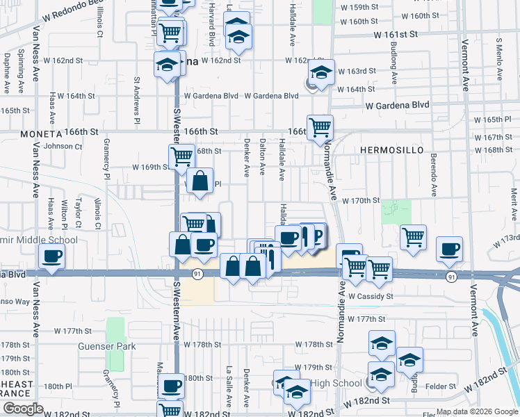 map of restaurants, bars, coffee shops, grocery stores, and more near 17039 Dalton Avenue in Gardena