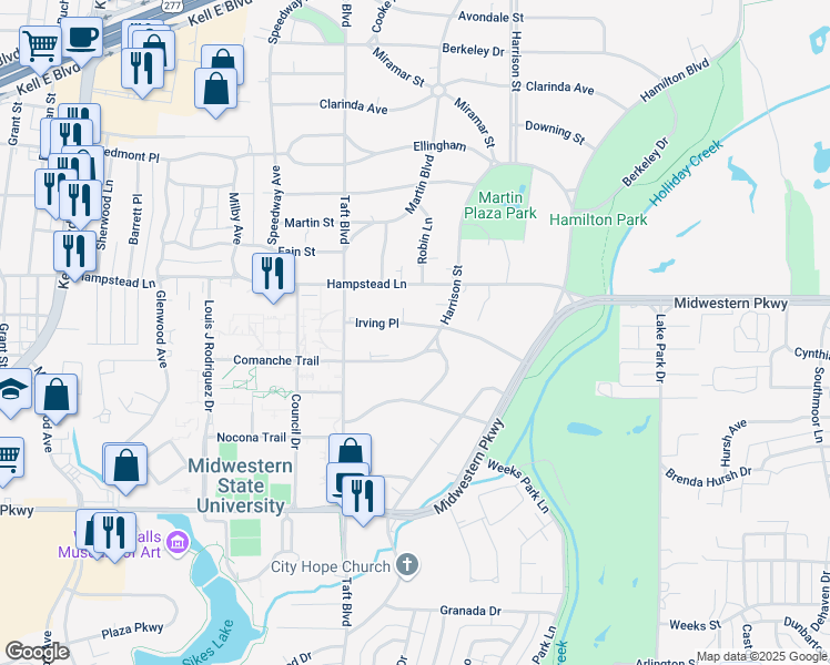 map of restaurants, bars, coffee shops, grocery stores, and more near 2303 Irving Place in Wichita Falls
