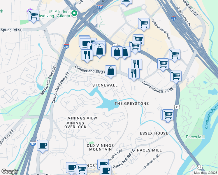map of restaurants, bars, coffee shops, grocery stores, and more near 3705 Stonewall Circle in Atlanta