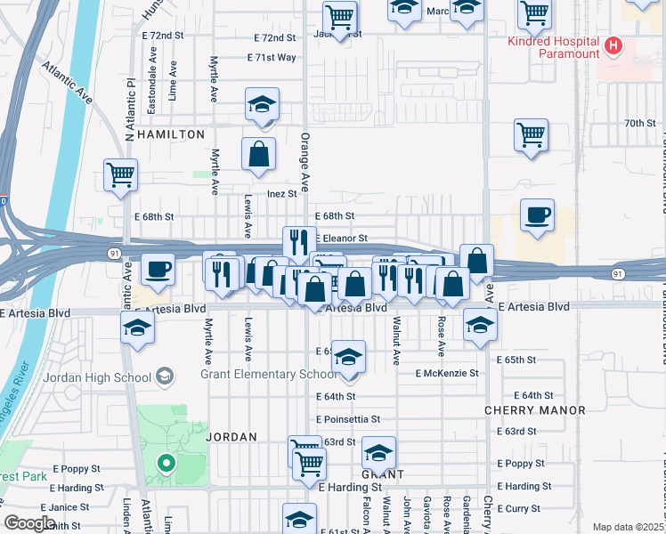 map of restaurants, bars, coffee shops, grocery stores, and more near 1306 East 67th Street in Long Beach