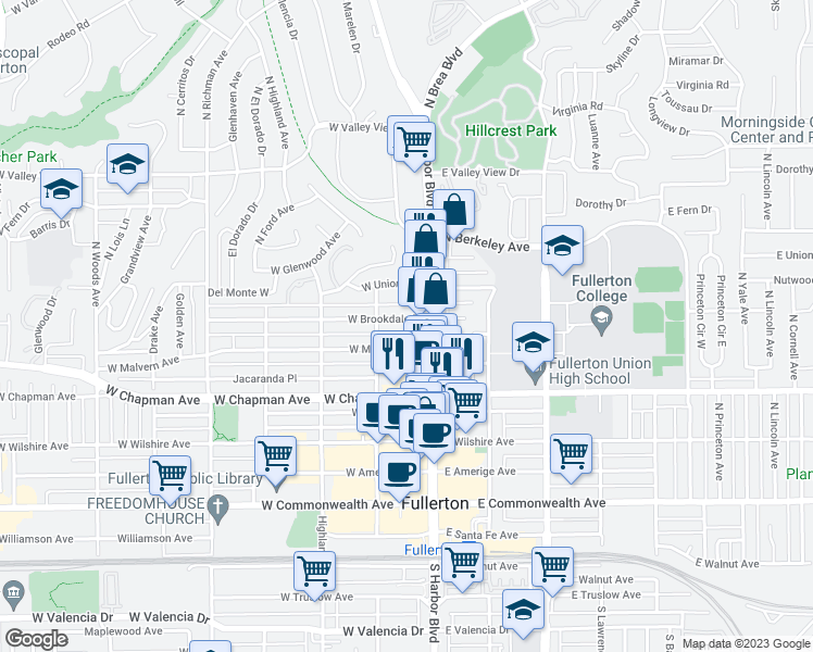 map of restaurants, bars, coffee shops, grocery stores, and more near 122 West Brookdale Place in Fullerton