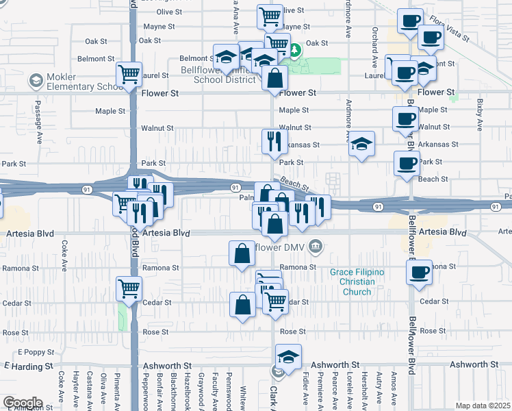 map of restaurants, bars, coffee shops, grocery stores, and more near 9332 Palm Street in Bellflower