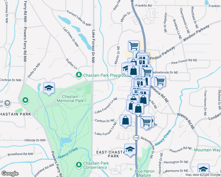 map of restaurants, bars, coffee shops, grocery stores, and more near 63 West Wieuca Road Northeast in Atlanta