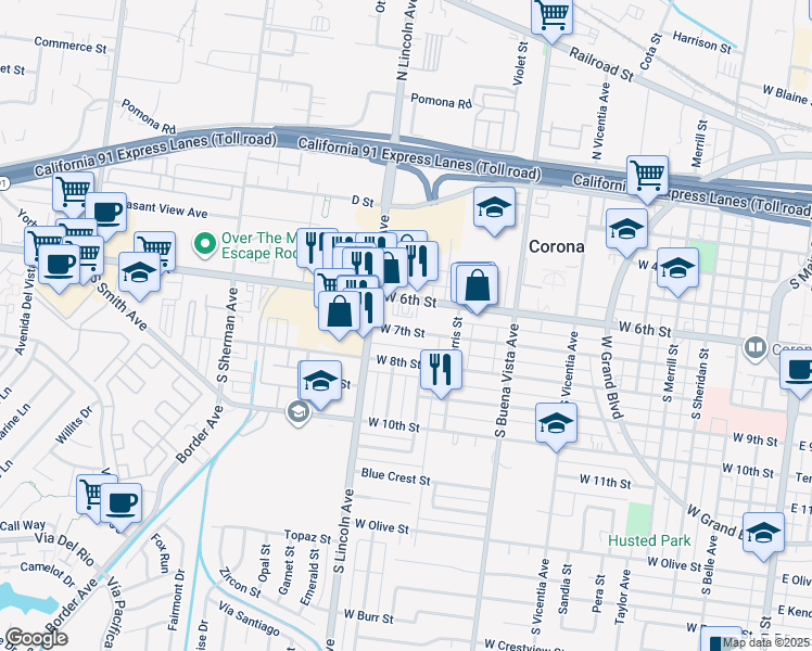 map of restaurants, bars, coffee shops, grocery stores, and more near 1045 West 7th Street in Corona