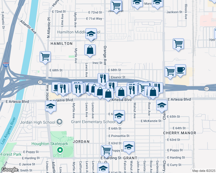 map of restaurants, bars, coffee shops, grocery stores, and more near 6675 Orange Avenue in Long Beach