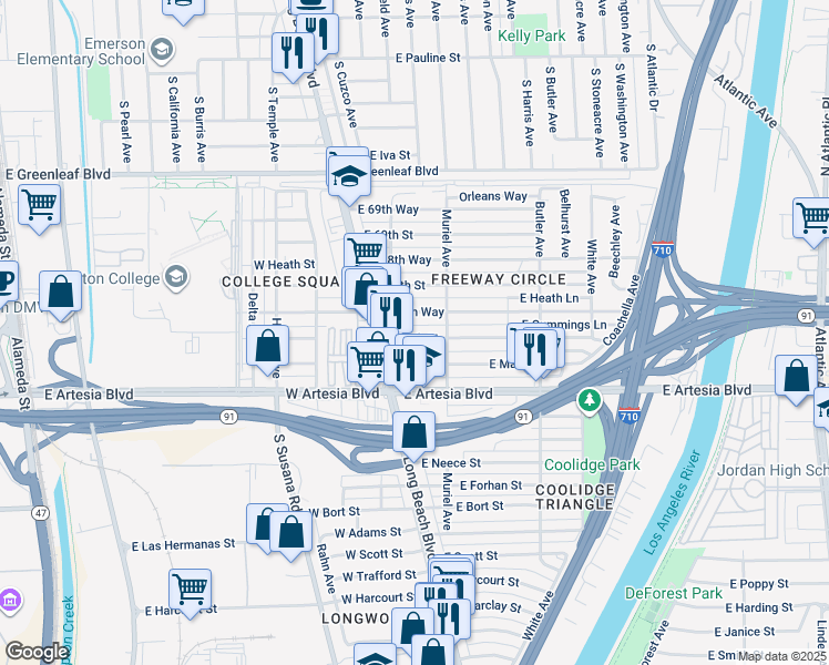 map of restaurants, bars, coffee shops, grocery stores, and more near 139 East 67th Street in Long Beach