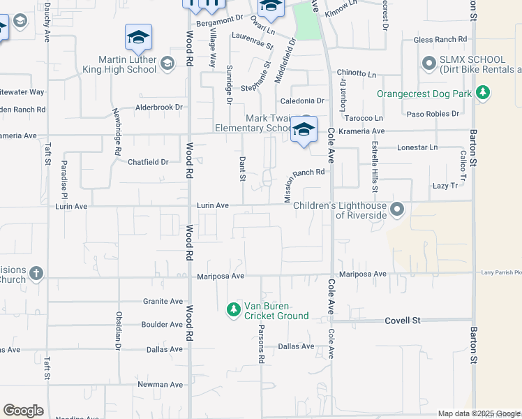 map of restaurants, bars, coffee shops, grocery stores, and more near 19250 El Gallo Street in Riverside