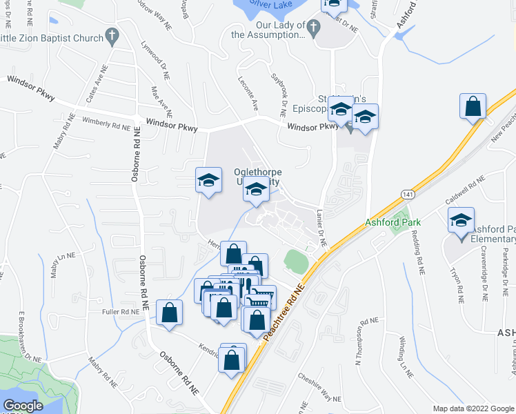 map of restaurants, bars, coffee shops, grocery stores, and more near 4484 Peachtree Road Northeast in Atlanta