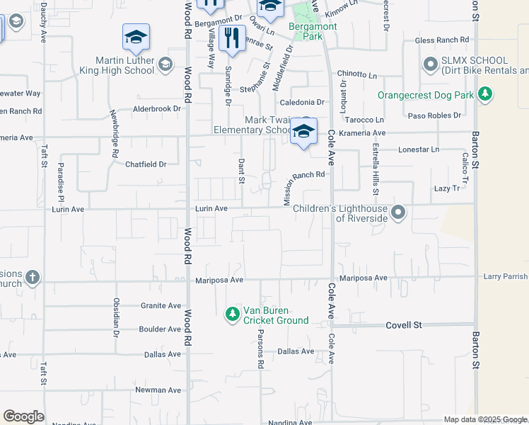map of restaurants, bars, coffee shops, grocery stores, and more near 19257 Salamanca Street in Riverside