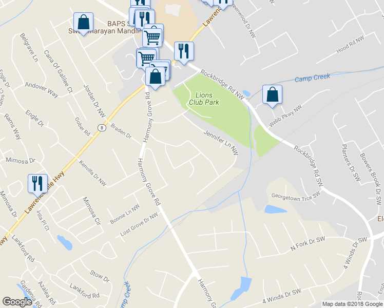 map of restaurants, bars, coffee shops, grocery stores, and more near 5577 Bob White Cir NW in Lilburn