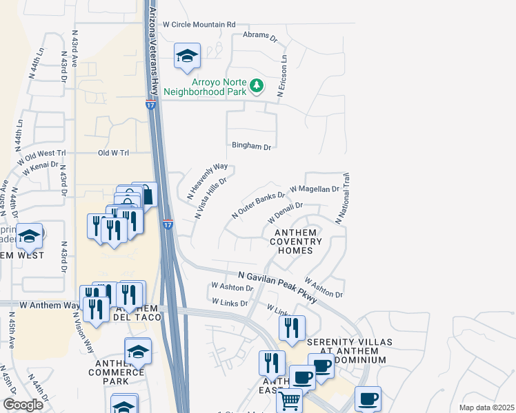 map of restaurants, bars, coffee shops, grocery stores, and more near 43127 North Outer Banks Drive in New River
