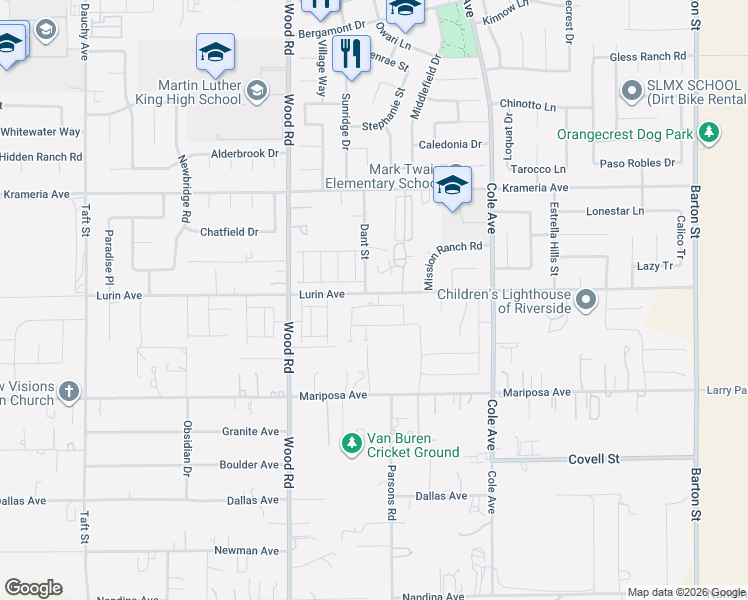 map of restaurants, bars, coffee shops, grocery stores, and more near 19208 Lurin Avenue in Riverside