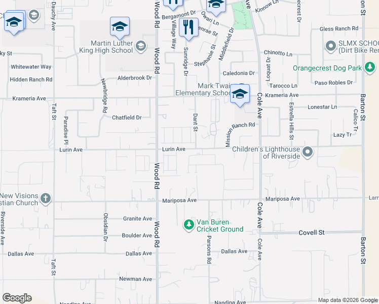 map of restaurants, bars, coffee shops, grocery stores, and more near 16725 Dant Street in Riverside