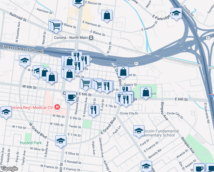 map of restaurants, bars, coffee shops, grocery stores, and more near 507 East 5th Street in Corona