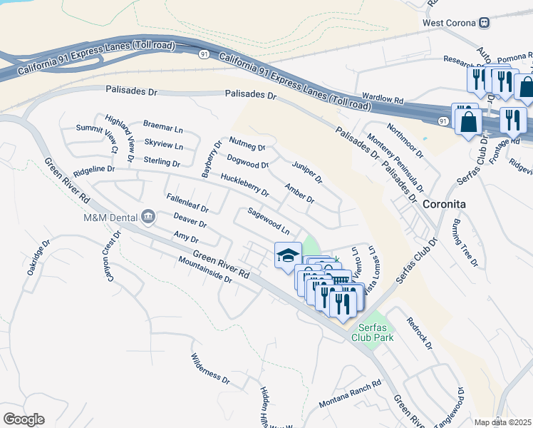 map of restaurants, bars, coffee shops, grocery stores, and more near 3214 Sagewood Lane in Corona