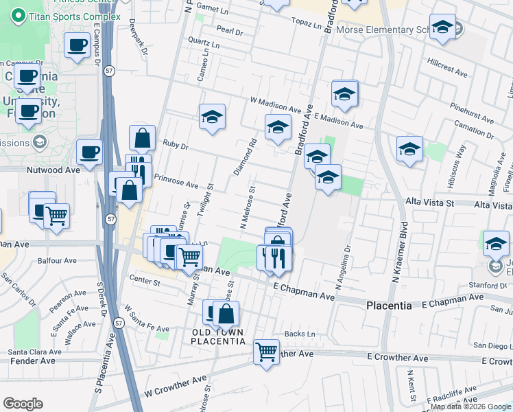 map of restaurants, bars, coffee shops, grocery stores, and more near 227 Orchid Drive in Placentia