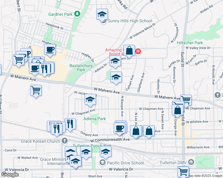 map of restaurants, bars, coffee shops, grocery stores, and more near 1649 West Malvern Avenue in Fullerton