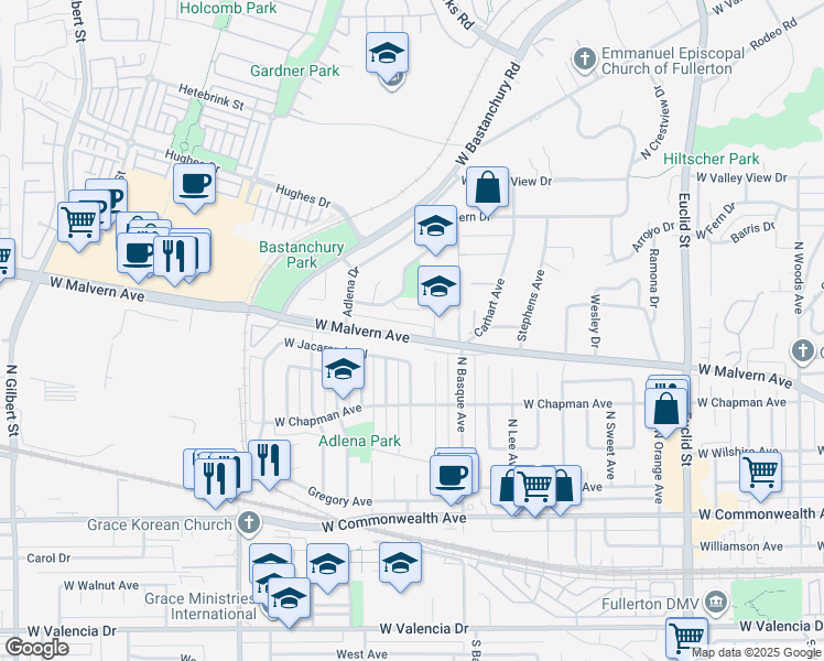 map of restaurants, bars, coffee shops, grocery stores, and more near 1649 West Malvern Avenue in Fullerton