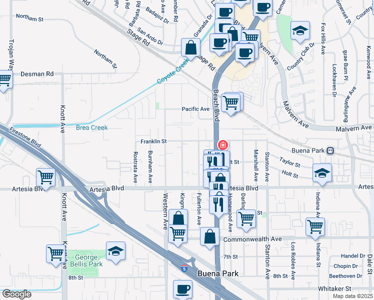 map of restaurants, bars, coffee shops, grocery stores, and more near 5794 Kingman Avenue in Buena Park