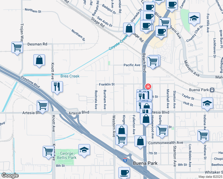 map of restaurants, bars, coffee shops, grocery stores, and more near 5794 Burnham Avenue in Buena Park