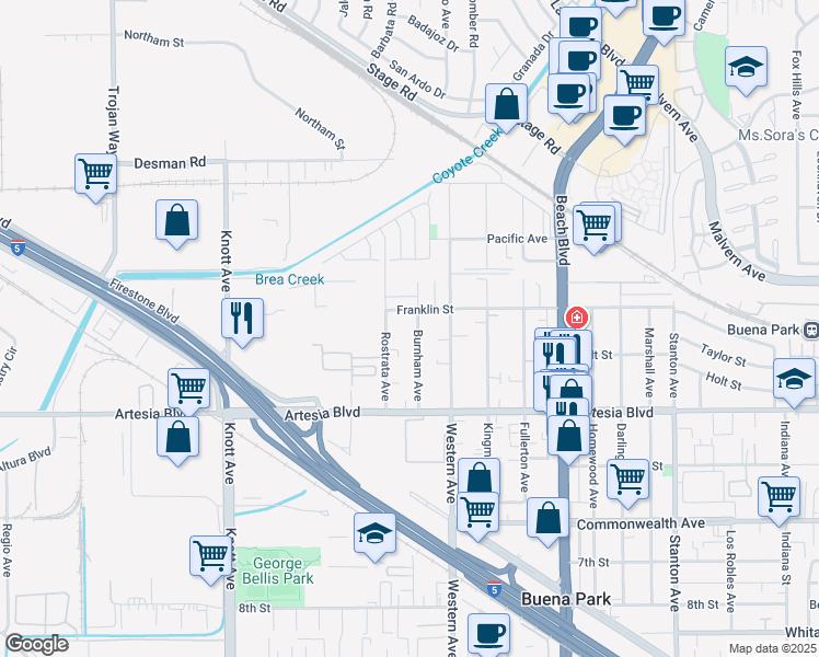 map of restaurants, bars, coffee shops, grocery stores, and more near 5792 Rostrata Avenue in Buena Park
