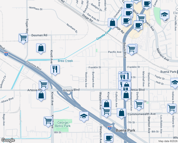 map of restaurants, bars, coffee shops, grocery stores, and more near 5776 Rostrata Avenue in Buena Park
