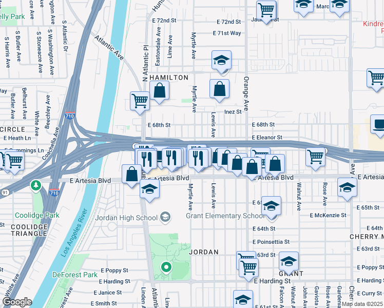 map of restaurants, bars, coffee shops, grocery stores, and more near 6671 Myrtle Avenue in Long Beach