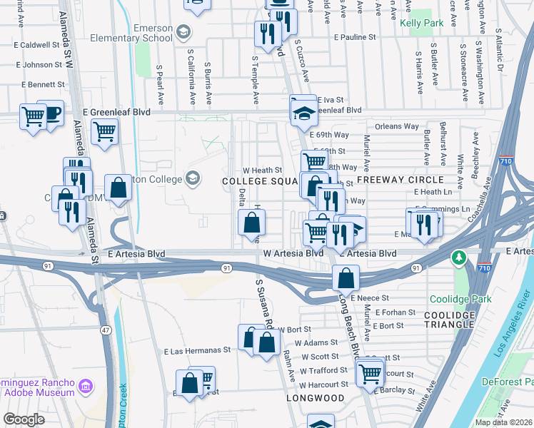 map of restaurants, bars, coffee shops, grocery stores, and more near 207 West Cummings Street in Long Beach