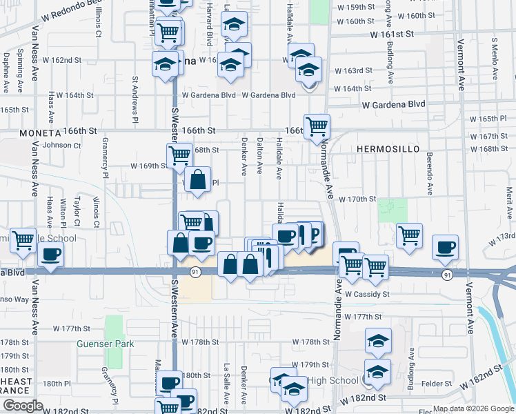 map of restaurants, bars, coffee shops, grocery stores, and more near 17050 Dalton Avenue in Gardena