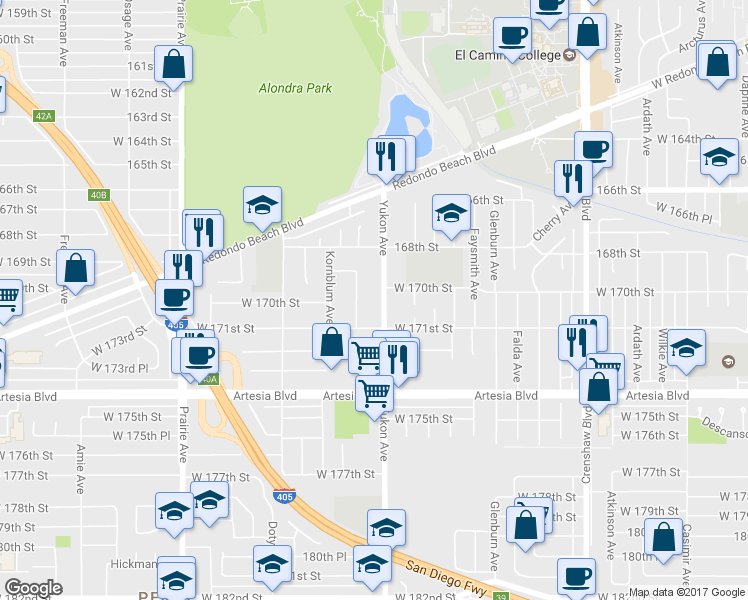 map of restaurants, bars, coffee shops, grocery stores, and more near 17022 Yukon Avenue in Torrance