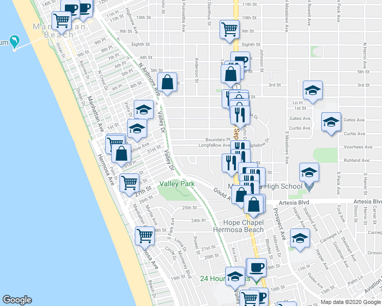 map of restaurants, bars, coffee shops, grocery stores, and more near 643 30th Street in Hermosa Beach