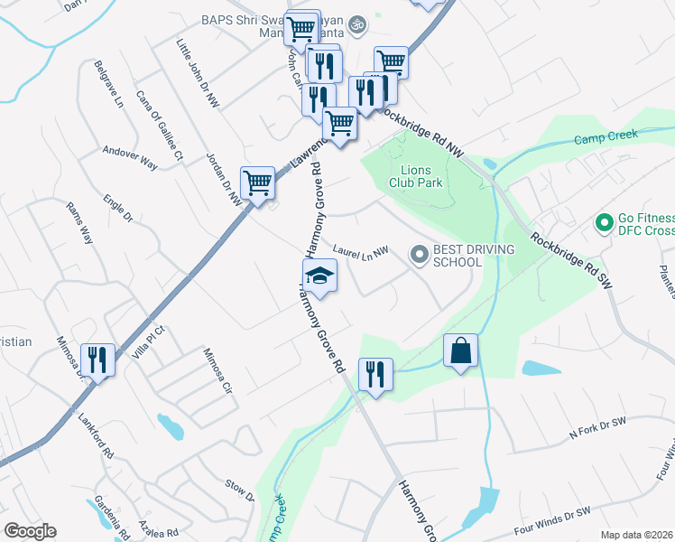 map of restaurants, bars, coffee shops, grocery stores, and more near 5676 Bob White Circle Northwest in Lilburn
